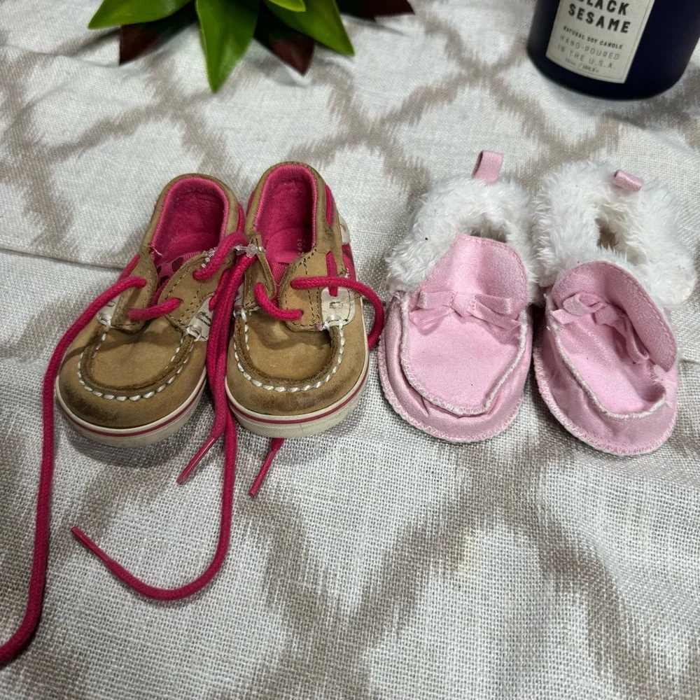 Sperry Baby Walker Shoes Bundle Pink Gold Glitter Floral 0-6M Size 1-2